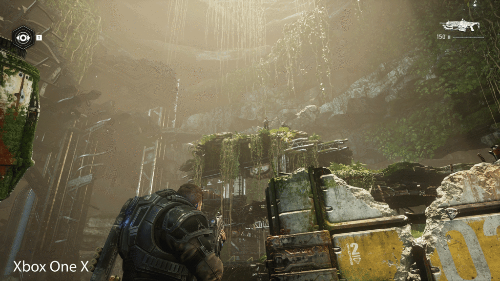 مثال بعدی عنوان Gears 5 است که در تصویر متحرک زیر می‌توان تفاوت‌های نورپردازی بین نسخه‌ی Xbox One X و Xbox Series X را مشاهده کرد.